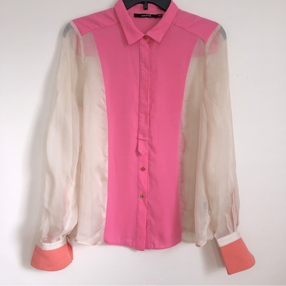 Ark & Co Pink and Cream Colorblock Sheer Button-Down Shirt